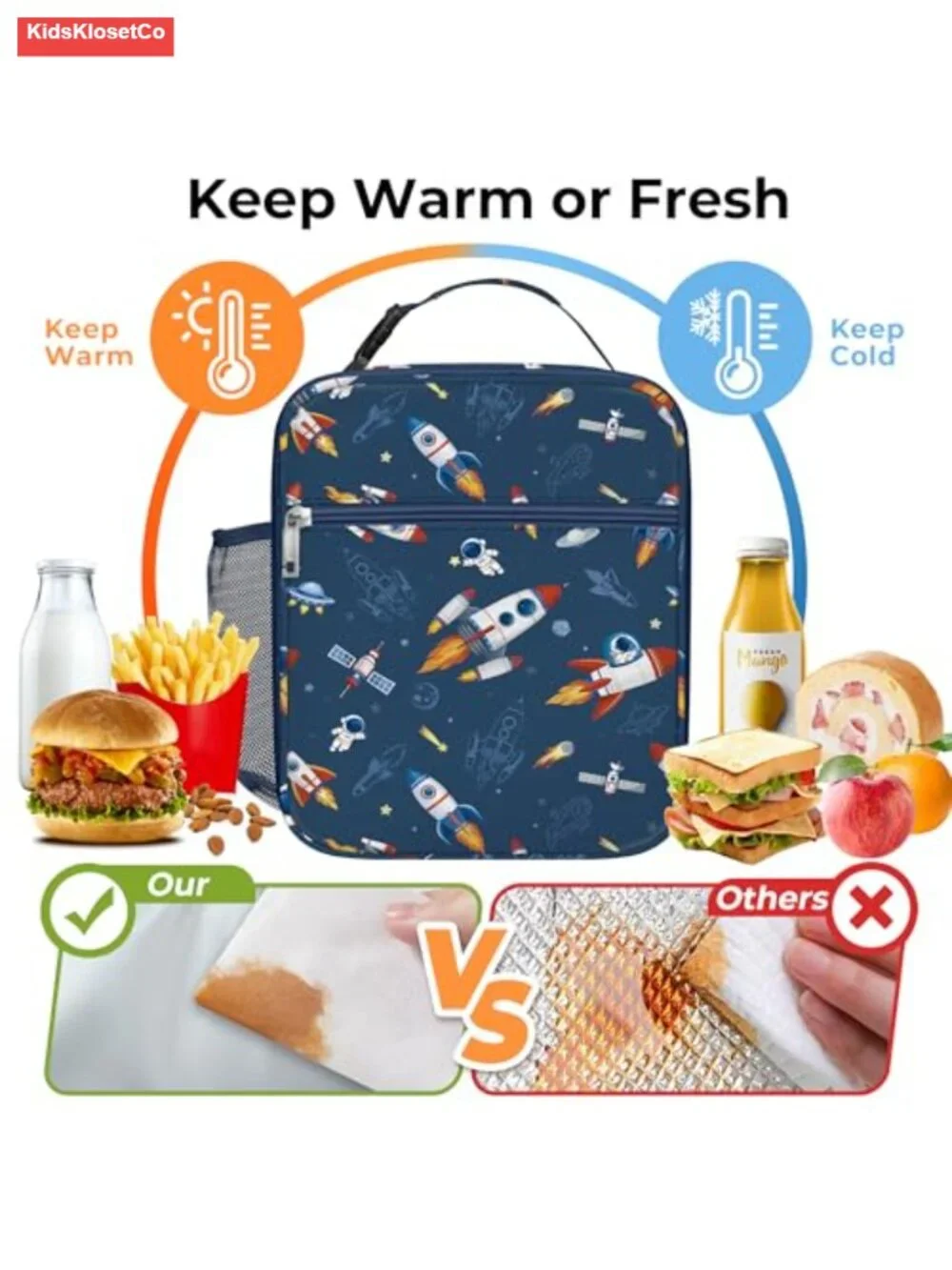 Insulated Lunch Bag for Kids Space Rocket Design Leakproof Thermal Cooler Tote